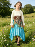 Kids rustic folk costume set, ruffle long sleeve blouse, lace-up waist corset, irregular hem skirt and printed headscarf. Tassel decorated apron overlay, pastoral ethnic style for harvest festival and folk dance dress-up.