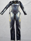 Kids armored robot jumpsuit, front zip mock neck long sleeve bodysuit with footed design. Realistic metallic armor print with golden accent, stretch full-body suit for sci-fi hero cosplay and Halloween costume.