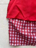 Girls chef costume set, ruffle short sleeve shirt, checkered vest, apron, skirt and matching chef hat. Classic red gingham design, perfect for kitchen role-play, Halloween and school career day dress-up.