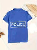 Boys police costume set includes printed short sleeve uniform shirt and denim pants. Badge & equipment graphic design. Ideal for career day, Halloween, cop themed parties and kids police role-play activities.