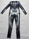 Kids armored robot jumpsuit, front zip mock neck long sleeve bodysuit with footed design. Realistic metallic armor print with golden accent, stretch full-body suit for sci-fi hero cosplay and Halloween costume.