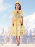 Girls Golden Printed Princess Dress with Bow Headband for Halloween Party