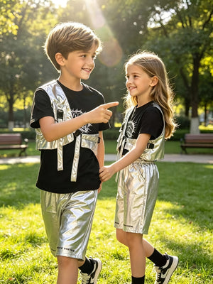Unisex 3-piece hip-hop stage suit, graphic short sleeve tee, adjustable buckle single shoulder harness and silver elastic waist wide shorts. Futuristic metallic tone layered design for dance competition and school performance costume.