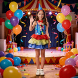 Girls Clown 2-Piece Set: Camisole Dress + Hat Diamond & dot prints on chest. Ideal for parties, stage and magic performances.