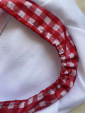Girls chef costume set, ruffle short sleeve shirt, checkered vest, apron, skirt and matching chef hat. Classic red gingham design, perfect for kitchen role-play, Halloween and school career day dress-up.