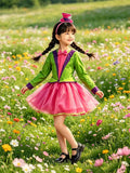 Girls whimsy mad hatter costume set includes long sleeve jacket, pink tutu skirt and mini top hat headband. Vibrant colorful design, ideal for Halloween, tea party theme and fantasy role-play activities.