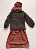 Girls Scottish tartan 5-piece costume set, ruffle cuff black blouse, plaid skirt, leather belt, fringed scarf and matching beret. Vintage British folk style for cultural show and school themed party dress-up.