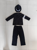 Kids retro pop star 4-piece costume set, sequin stripe zip jacket, ruffle inner shirt, silver side stripe trousers and matching glitter hat. Classic concert stage silhouette for singing performance and Halloween cosplay.