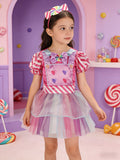 Girls Candy Style Dress Set Heart print dress + candy headband, layered colorful tulle, cute for parties and shows.