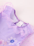 Girls purple floral layered midi dress with polka dot mesh short sleeves. Ruffle neckline and multi-tiered skirt design. Perfect for garden parties, photo shoots, casual outings and themed dress-up occasions.