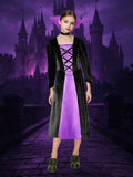 Girls dark witch costume set includes layered long dress, pointed headpiece and choker. Classic black & purple medieval styling. Perfect for Halloween parties, haunted events and fantasy themed role-play.