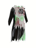Girls zombie cheerleader costume dress with torn hem and blood splatter print. Long inner sleeves & ruined cheer uniform design. Ideal for Halloween, haunted themed parties and scary zombie role-play activities.