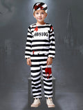 Boys striped prisoner costume set includes long sleeve top, trousers and matching cap. Scary blood print & jagged trim design, great for Halloween haunted party and spooky themed role-play.