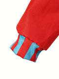 Kids red Thing 1 costume set includes long sleeve jumpsuit and blue spiky wig hat. Circular chest logo and striped cuffs design. Ideal for book week, Halloween, storybook themed parties and fantasy character role-play.