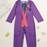 Boys Purple Knight Jumpsuit Fake two-piece digital print, ideal for festival dress-up and performances.