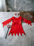 Kids Devil Costume Red Dress with Horns Headband & Pitchfork for Halloween Party Cosplay