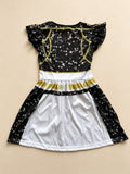 Girls space themed skater dress with ruffle cap sleeves. Black-white star print with golden geometric graphic, flared swing skirt, ideal for galaxy party, Halloween and themed cosplay dress-up.