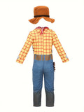 Boys western cowboy costume set includes plaid long sleeve shirt, cow print vest, denim pants, bandana and cowboy hat. Classic wild west styling, ideal for Halloween, themed birthday parties and kids storybook role-play.