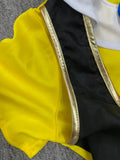 Boys' Outfit: a Pure Yellow Top Combined with Bright Red Pants in a Jumpsuit Style, Plus a Yellow Hat; Features a Stylish Round Neck Design Paired with a Blue Bow Tie