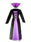 Girls dark witch costume set includes layered long dress, pointed headpiece and choker. Classic black & purple medieval styling. Perfect for Halloween parties, haunted events and fantasy themed role-play.