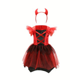 1pc Red & Gothic Party Dress with Horned Headband - Sleeveless V-Neck Asymmetrical Skirt, Non-Stretchy Fabric, Perfect for Halloween, Christmas, and Themed Events, Halloween, Christmas Outfit, Polka Dot Pattern, Accessory