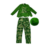 Boys green leprechaun costume set includes blazer, printed vest, clover pants and matching top hat. Classic shamrock & star pattern design. Great for St. Patrick's Day, carnival and holiday themed dress-up activities.