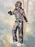 Kids Dark Purple Floral Skeleton 2-Piece Costume Set with Jumpsuit & Mask