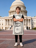 Boys novelty bill themed costume set includes printed hooded vest, short sleeve tee and long pants. Unique currency print design, ideal for Halloween, funny themed party and kids creative dress-up.
