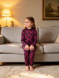 Girls full-zip long sleeve jumpsuit with swirling pink tribal print. Slim stretch fit one-piece costume, sleek full-length design, great for dance performance, cosplay and loungewear dress-up.