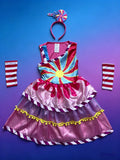 Girls candy themed costume set, tiered sleeveless dress with striped arm sleeves and matching lollipop headband. Bright colorful print, cute sweet style for carnival & birthday dress-up.