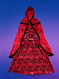 Girls fairy tale costume set with hooded lace cape and printed dress. Front corset lace-up design, classic red tone, great for Halloween, story-themed parties and role-play games.