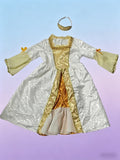Girls royal princess long dress costume with gold trim and layered bell sleeves. Elegant two-tone design, floor-length cut, perfect for Christmas parties, cosplay and holiday dress-up events.