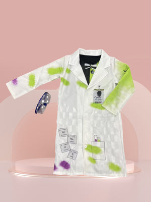 Girls' Scientist Costume Set: 1 white printed coat, 1 sleeveless dress and 1 pair of glasses. Digital prints on coat and dress, soft comfy fabric. Girls outfit for Halloween and all carnival parties.