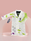 Girls' Scientist Costume Set: 1 white printed coat, 1 sleeveless dress and 1 pair of glasses. Digital prints on coat and dress, soft comfy fabric. Girls outfit for Halloween and all carnival parties.
