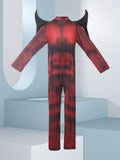Boys devil themed jumpsuit costume matched with detachable horn decorations. Muscle printed long sleeve one-piece outfit, spooky styling, perfect for Halloween parties and scary role-play.