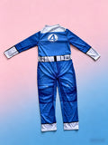 Kids adventure-themed jumpsuit costume with distinct chest badge detail, long sleeves and cargo-style pants. Ideal for theme parties, Halloween, cosplay and imaginative role-play activities for young kids.