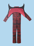 Boys devil themed jumpsuit costume matched with detachable horn decorations. Muscle printed long sleeve one-piece outfit, spooky styling, perfect for Halloween parties and scary role-play.