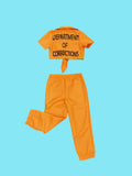 Kids orange inmate costume set includes knotted short-sleeve shirt and elastic cuff long pants. Printed letter details, great for Halloween parties, themed role-play and carnival dress-up.