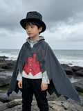 Boys' Pirate Earl Costume Set: 1 top, 1 cape and 1 hat. The top adopts fake two-piece spliced design with light gray and bright red. Kids pirate costume for Halloween and various carnival parties.