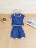 Boys' Strange Navy 3-Piece Set: Includes blue short-sleeve top, blue shorts and printed white hat with distinctive style. Ideal for theme parties, themed events and Halloween dress-up.