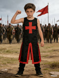 Kids medieval knight costume set, sleeveless red cross surcoat and black long trousers. Classic crusader print tunic with split hem, simple bold color design for medieval cosplay and school history day dress-up.