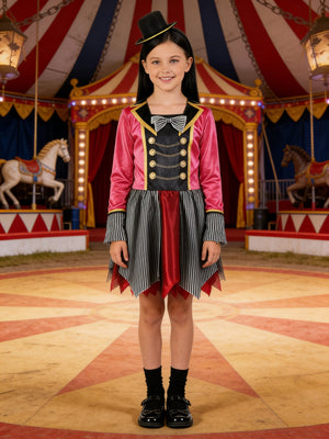 Girls' Circus Magician Vampire Clown Dress: Double-breasted top with gold trim, skirt spliced with black-and-white striped tulle. Comes with mini top hat headband to highlight character features. Costume for Halloween, Christmas, carnival parties.