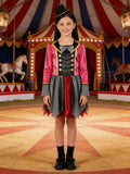 Girls' Circus Magician Vampire Clown Dress: Double-breasted top with gold trim, skirt spliced with black-and-white striped tulle. Comes with mini top hat headband to highlight character features. Costume for Halloween, Christmas, carnival parties.