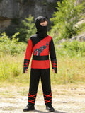 Boys' Dragon Pattern Martial Arts Costume (Hat & Belt Included): 1 digitally printed top with red-black contrast design, 1 black long pants and 1 hood. Boys ninja outfit for Halloween, masquerades, carnivals and various festival dress-up events.