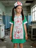 Girl's Nurse Costume Dress: 1 Green Dress + 1 Cross-patterned Nurse Cap. A Slim-fit Dress with a Small Lapel in a Color-block Style and a Printed Cross Pattern. A Nurse Role-play Costume for Girls' Halloween and Various Holiday Parties