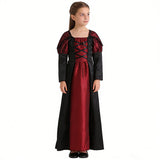 Girls vintage vampire long costume dress with color block design. Puff sleeves and front crisscross lace-up detail. Perfect for Halloween, medieval themed parties, carnival and dark gothic role-play activities.
