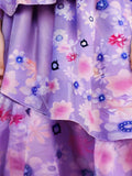 Girls purple floral layered midi dress with polka dot mesh short sleeves. Ruffle neckline and multi-tiered skirt design. Perfect for garden parties, photo shoots, casual outings and themed dress-up occasions.