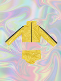 Girls' Outfit: 1pc Top And 1pc Shorts, Short Top Design, Main Color Bright Yellow, Black Contrast Vertical Stripes on Sleeve Outseams, Girls' Halloween And Various Carnival Festival Party Performance Costume