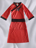 1pc Bright Red Dress with Printed Pattern on Front, 1pc Black Waistband, Soft And Comfortable Fabric, Easy And Fashionable Design. Girls' Halloween And Various Carnival Holiday Sets