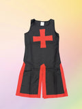 Kids medieval knight costume set, sleeveless red cross surcoat and black long trousers. Classic crusader print tunic with split hem, simple bold color design for medieval cosplay and school history day dress-up.